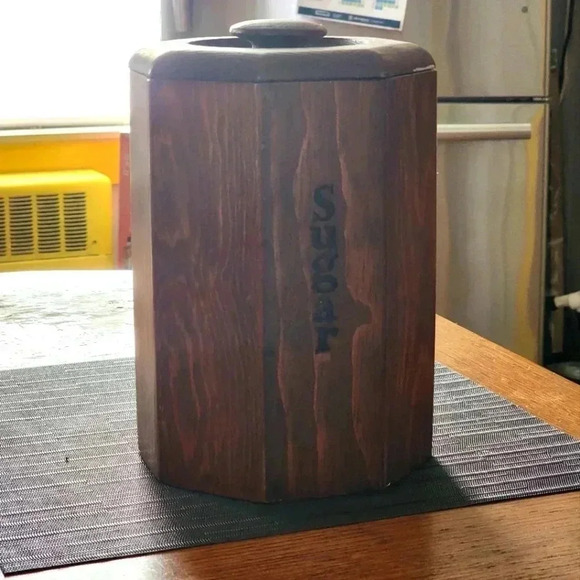 Vtg MCM Wooden Kitchen 1 of 4 Canister Kitchen Food Storage Teak Octagon - Picture 2 of 4